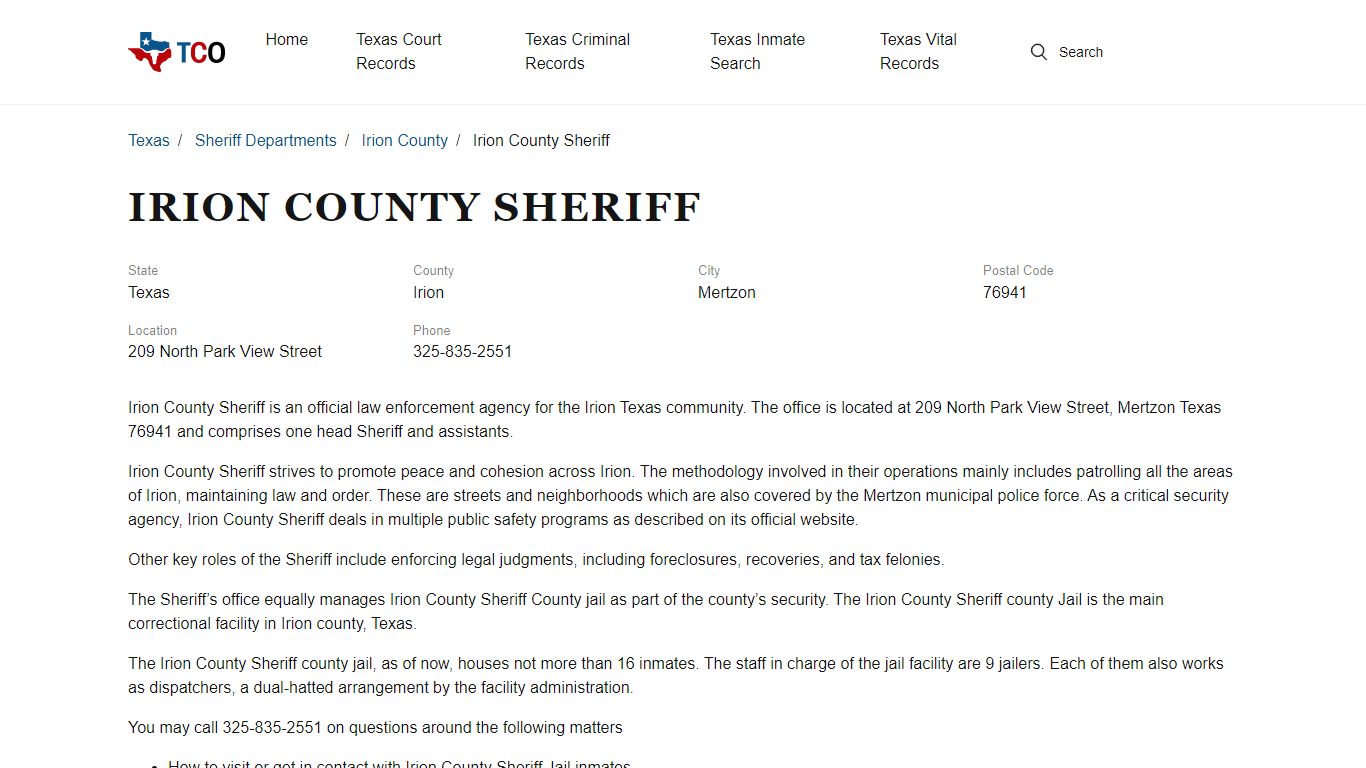 Irion County Sheriff in Mertzon, TX - txcountyoffices.org